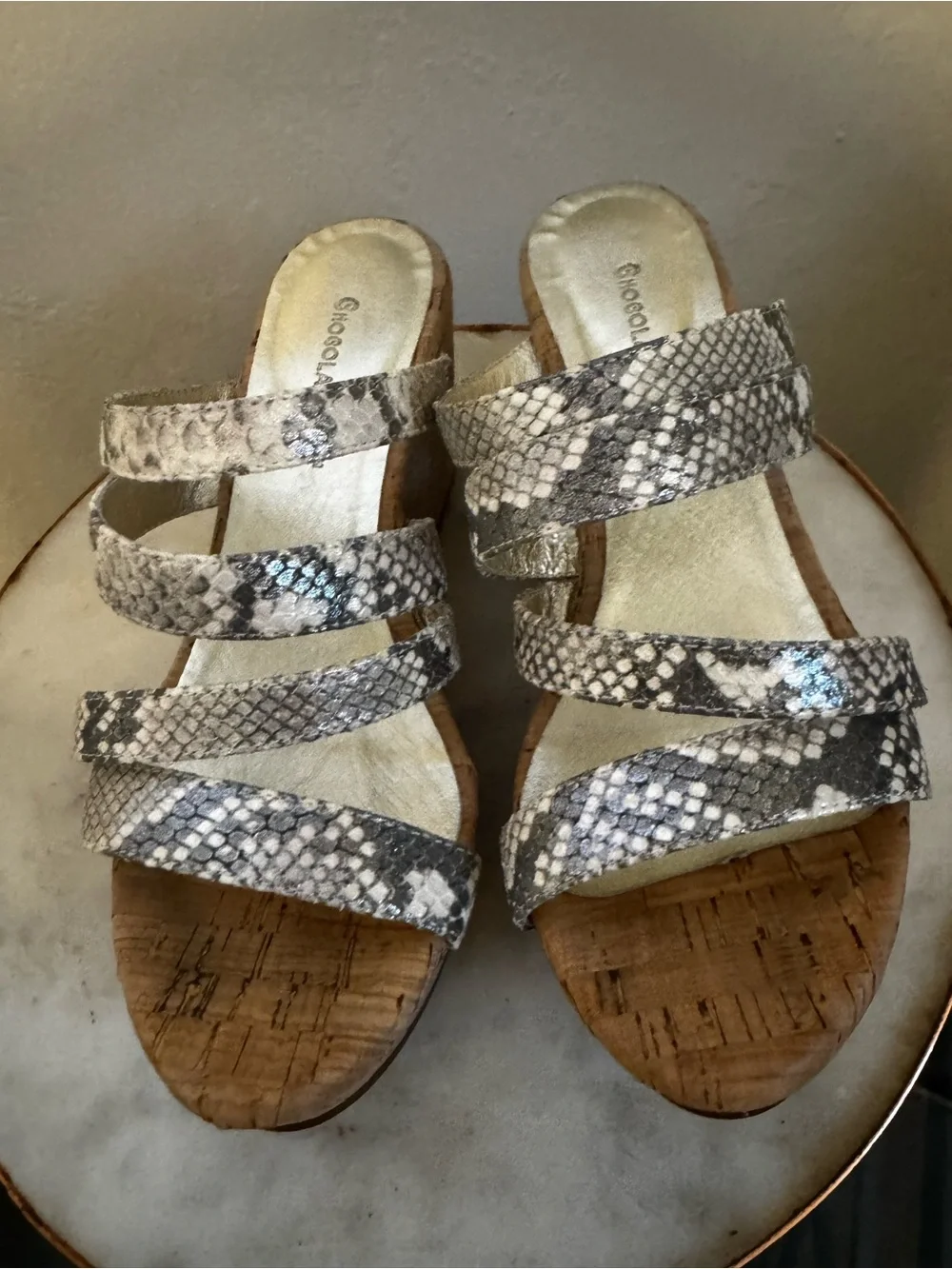 Chocolat Blu Snake-Print Cork Wedge Sandals - Gray